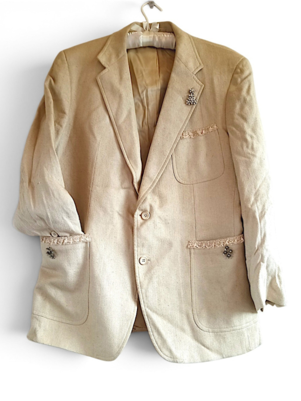 70s Stanley Blacker Beige Sport Blazer Lace Rhinestones Vintage Femme Wool blend
